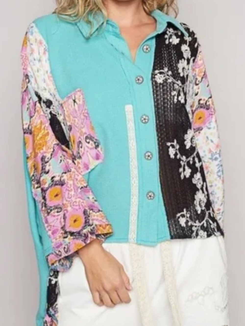 POL Patchwork Button Up Blouse M-2X